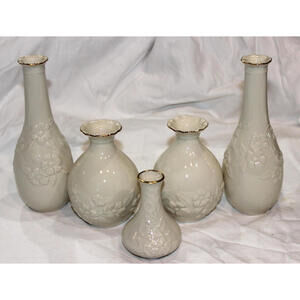 5 Lot Genuine Vintage Lenox Bud Vases Scalloped Ivory Raised Floral 24k Gold Trm
